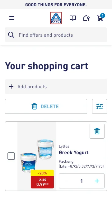 ALDI shopping cart with the added product