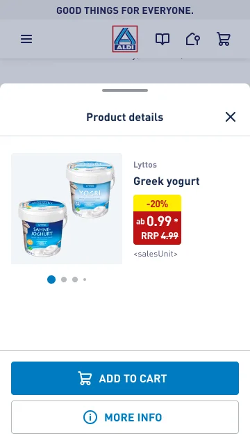 ALDI product sheet with an Add to cart button